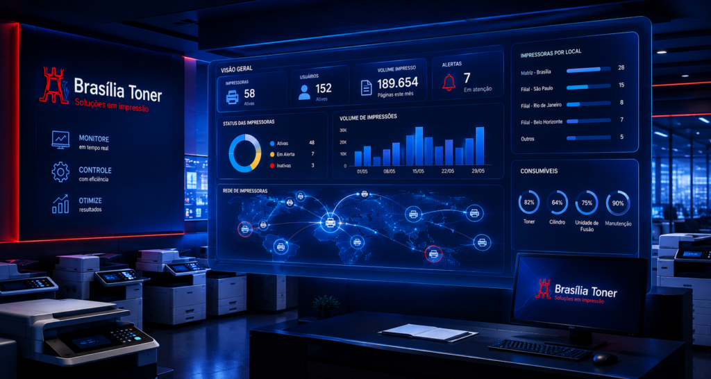 Dashboard de software de gerenciamento de impressão com controle de volume e custos Dashboard de software de gerenciamento de impressão com controle de volume e custos